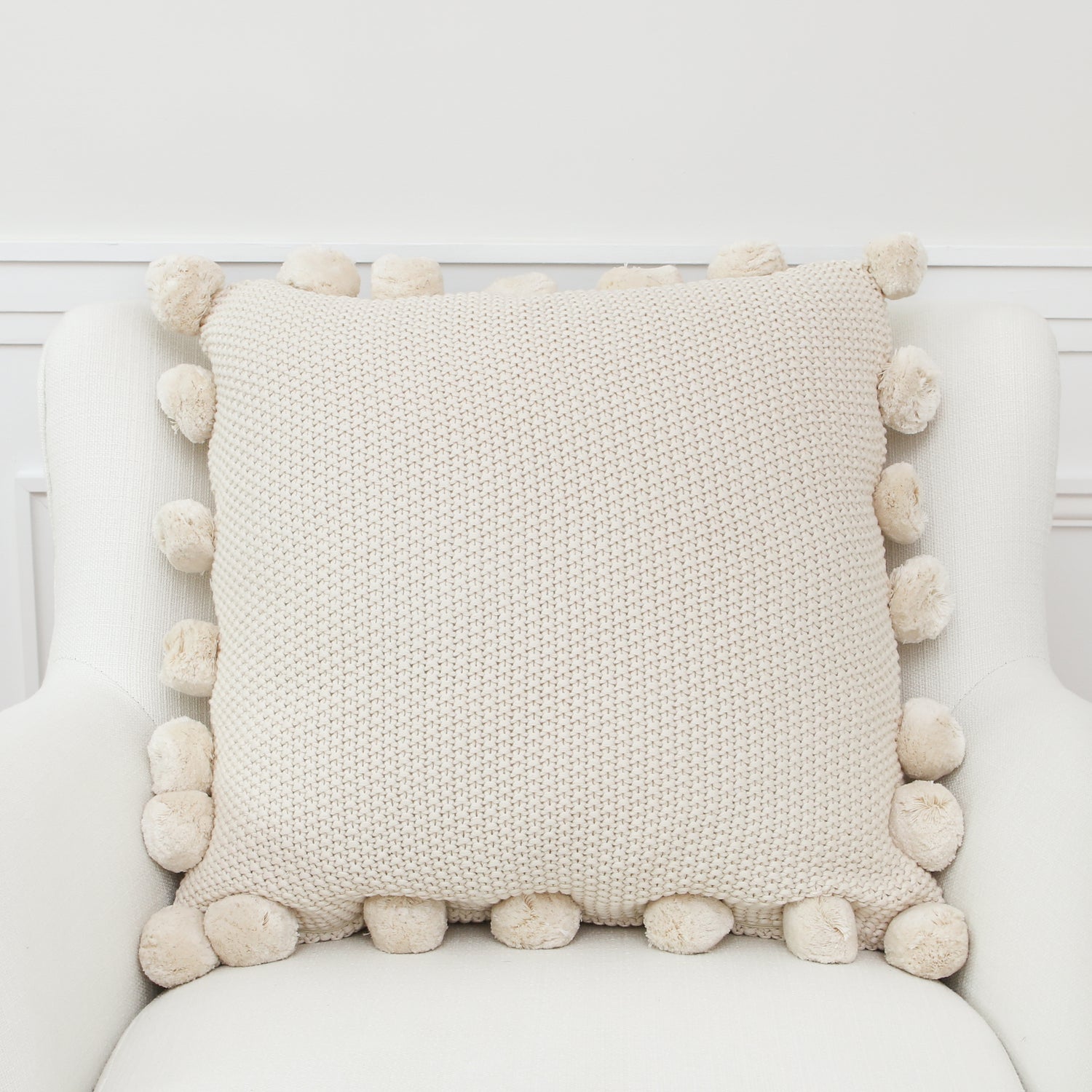 Cream Knit Pillow with Pompom Trim