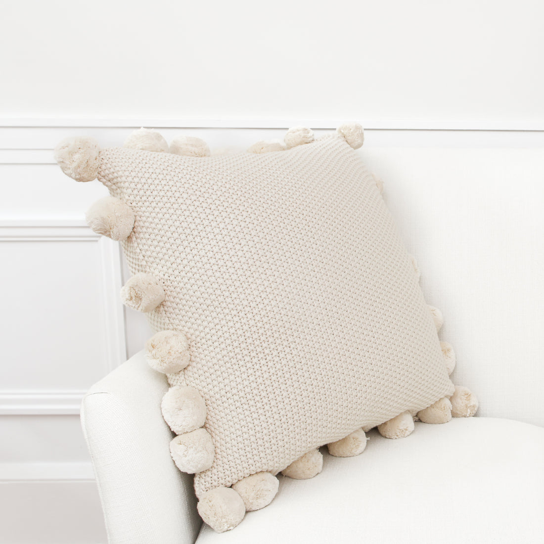 Cream Knit Pillow with Pompom Trim