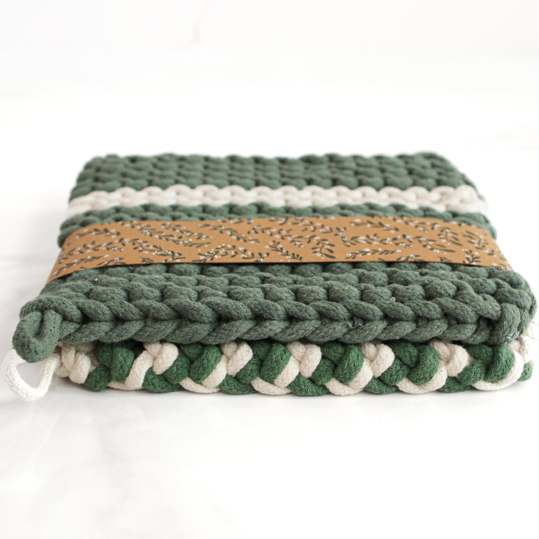Green and Cream Knit Pot Holder Set, Narrow Stripes