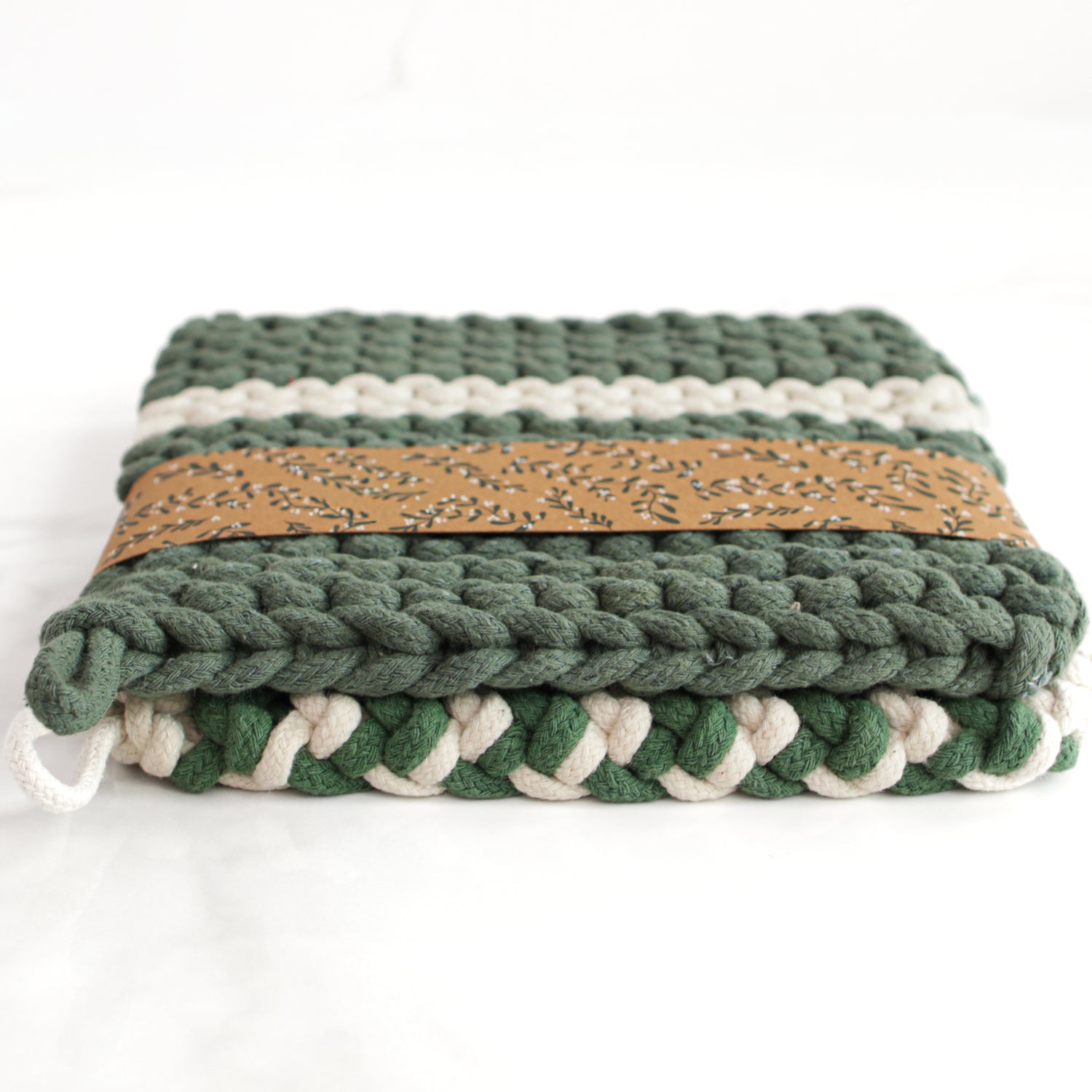 Green and Cream Knit Pot Holder Set, Narrow Stripes