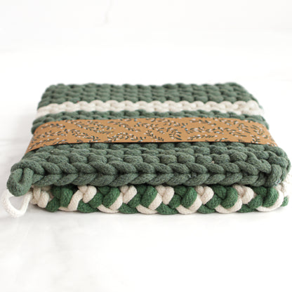 Green and Cream Knit Pot Holder Set, Narrow Stripes