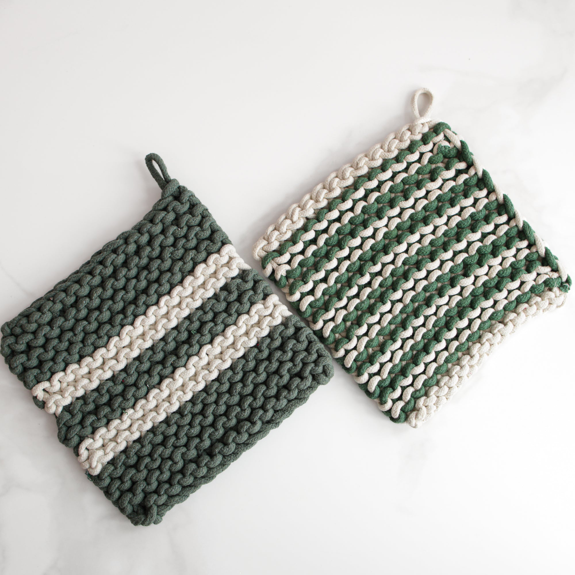 Green and Cream Knit Pot Holder Set, Narrow Stripes