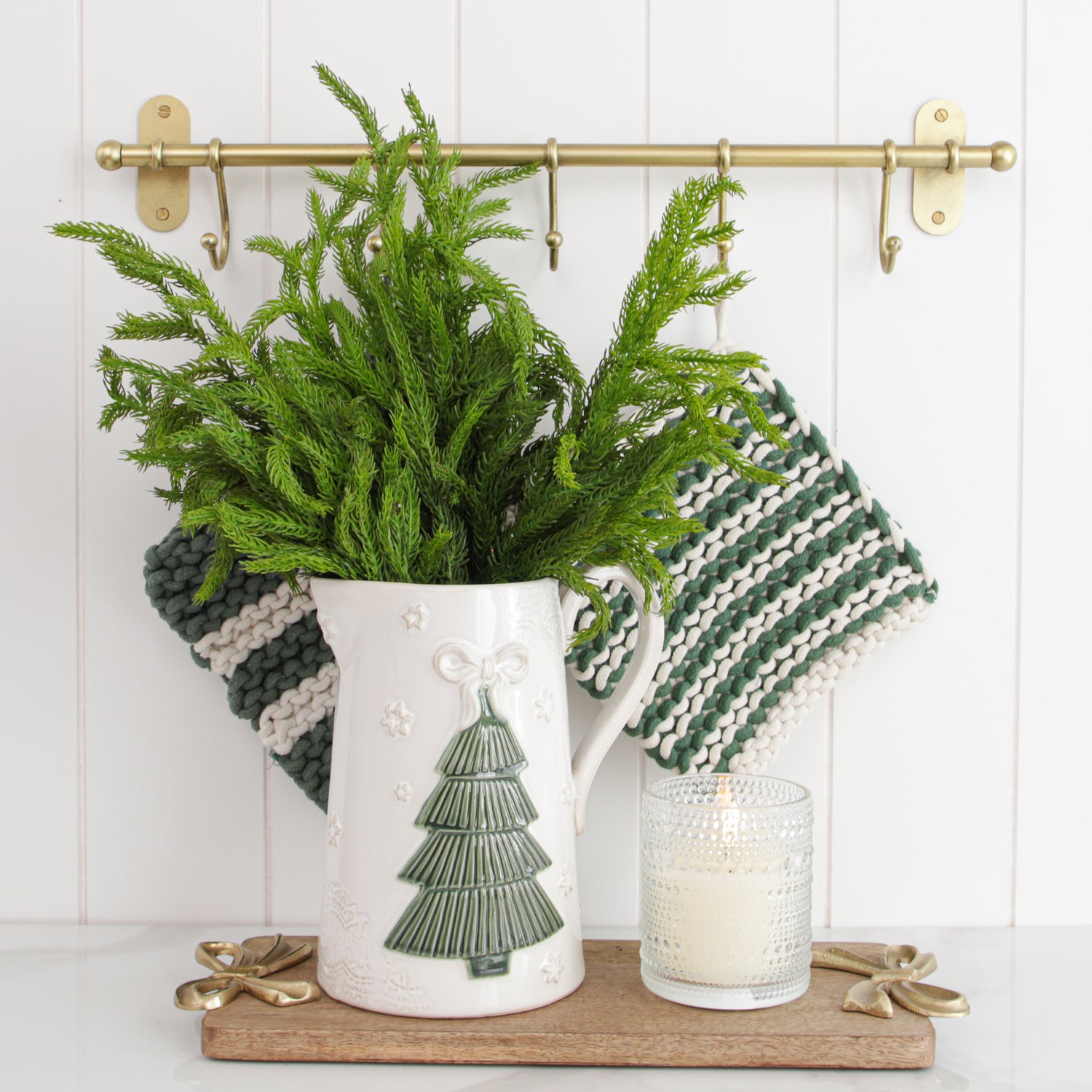 Green and Cream Knit Pot Holder Set, Narrow Stripes