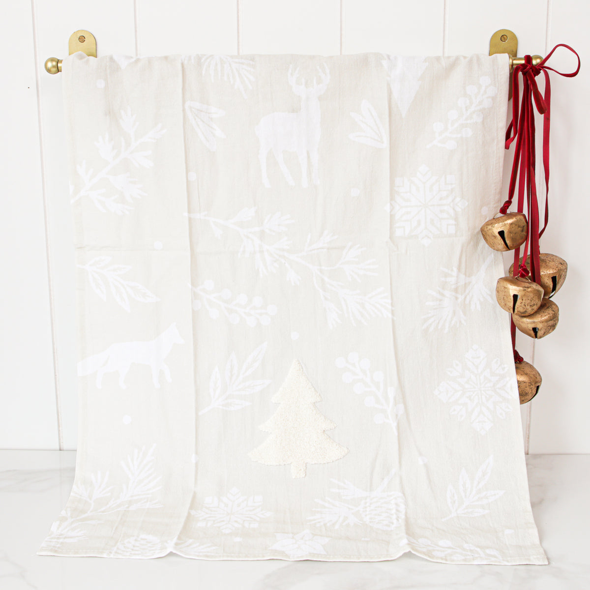 Dish Towel with White Embroidered Tree