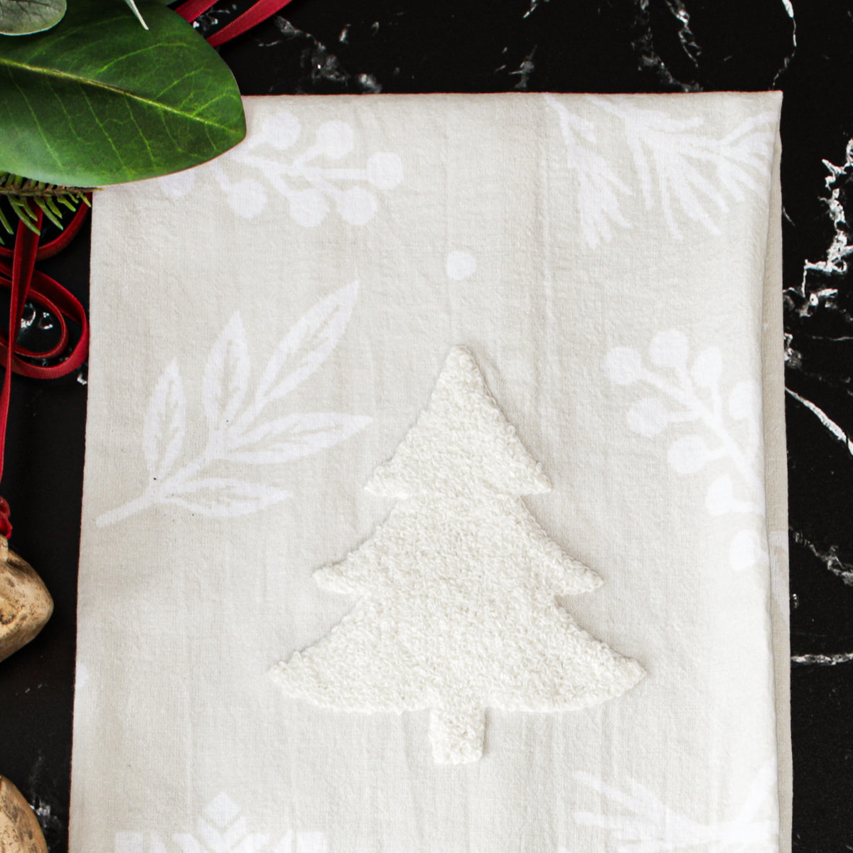 Dish Towel with White Embroidered Tree
