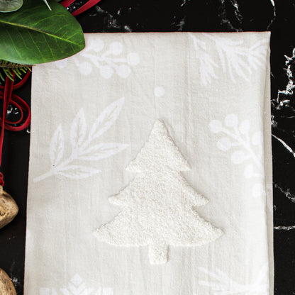 Dish Towel with White Embroidered Tree