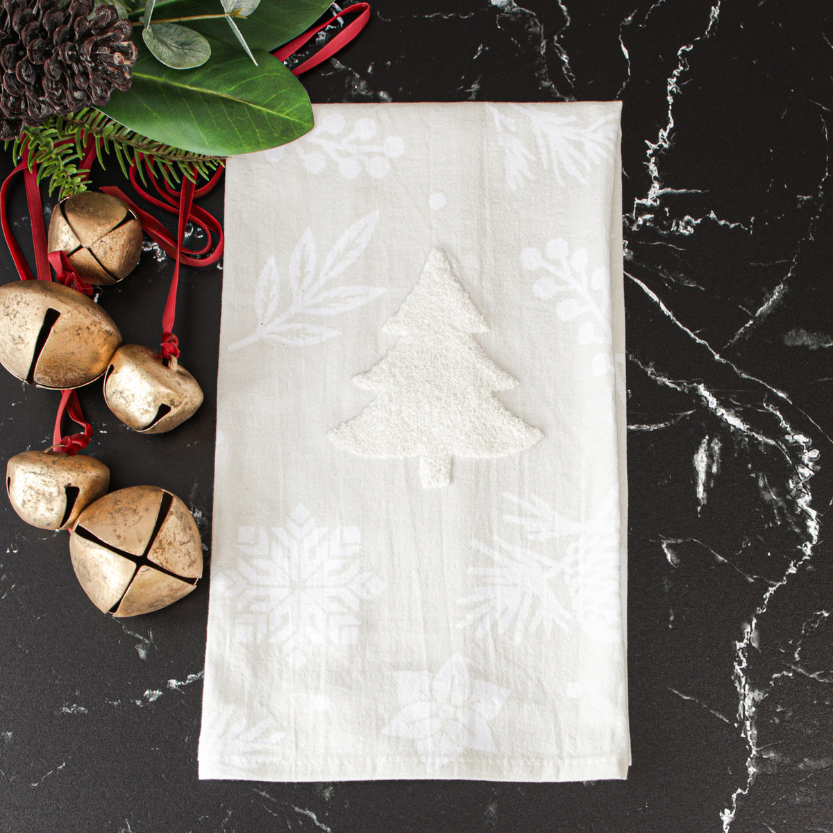 Dish Towel with White Embroidered Tree