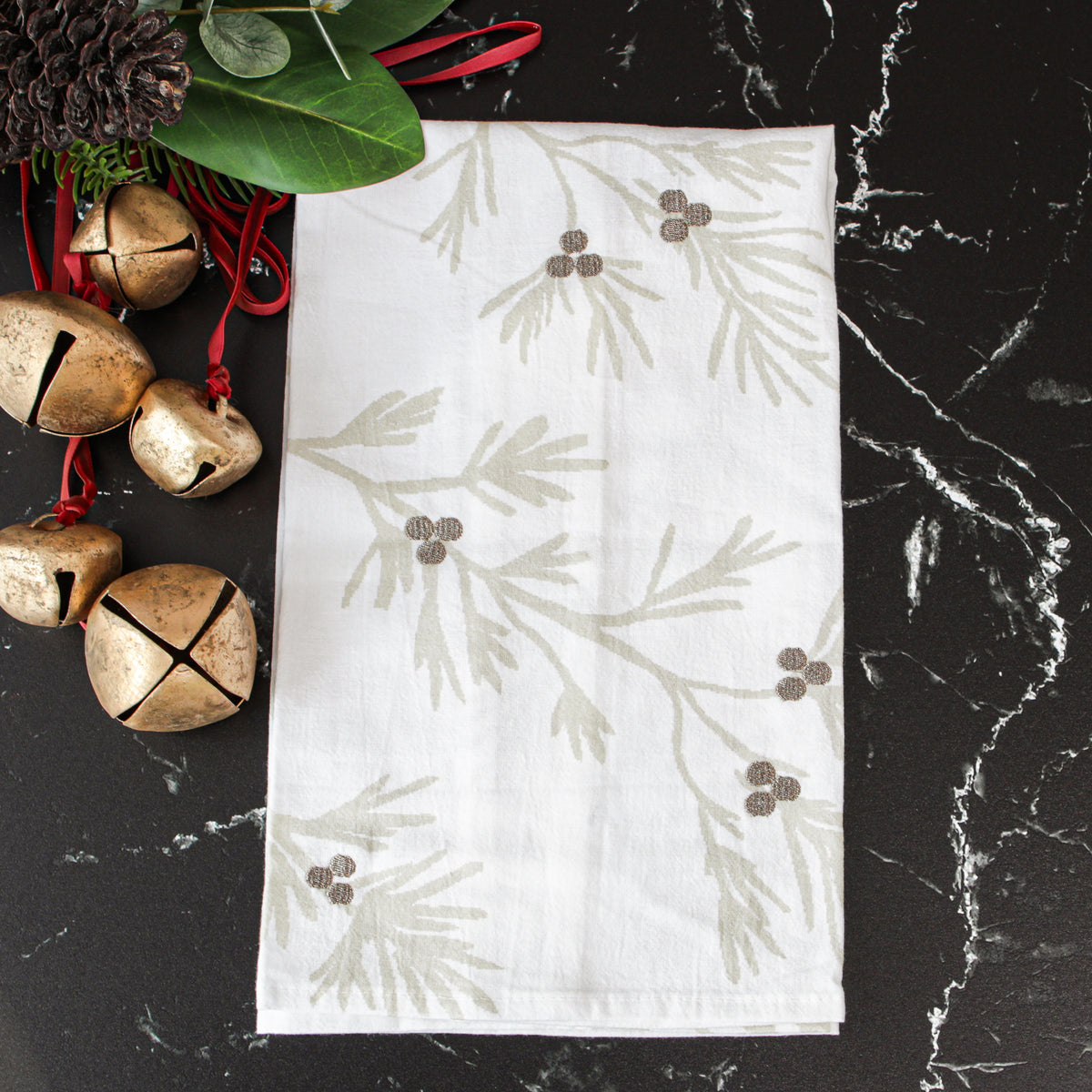 Dish Towel with Bronze Embroidered Berries