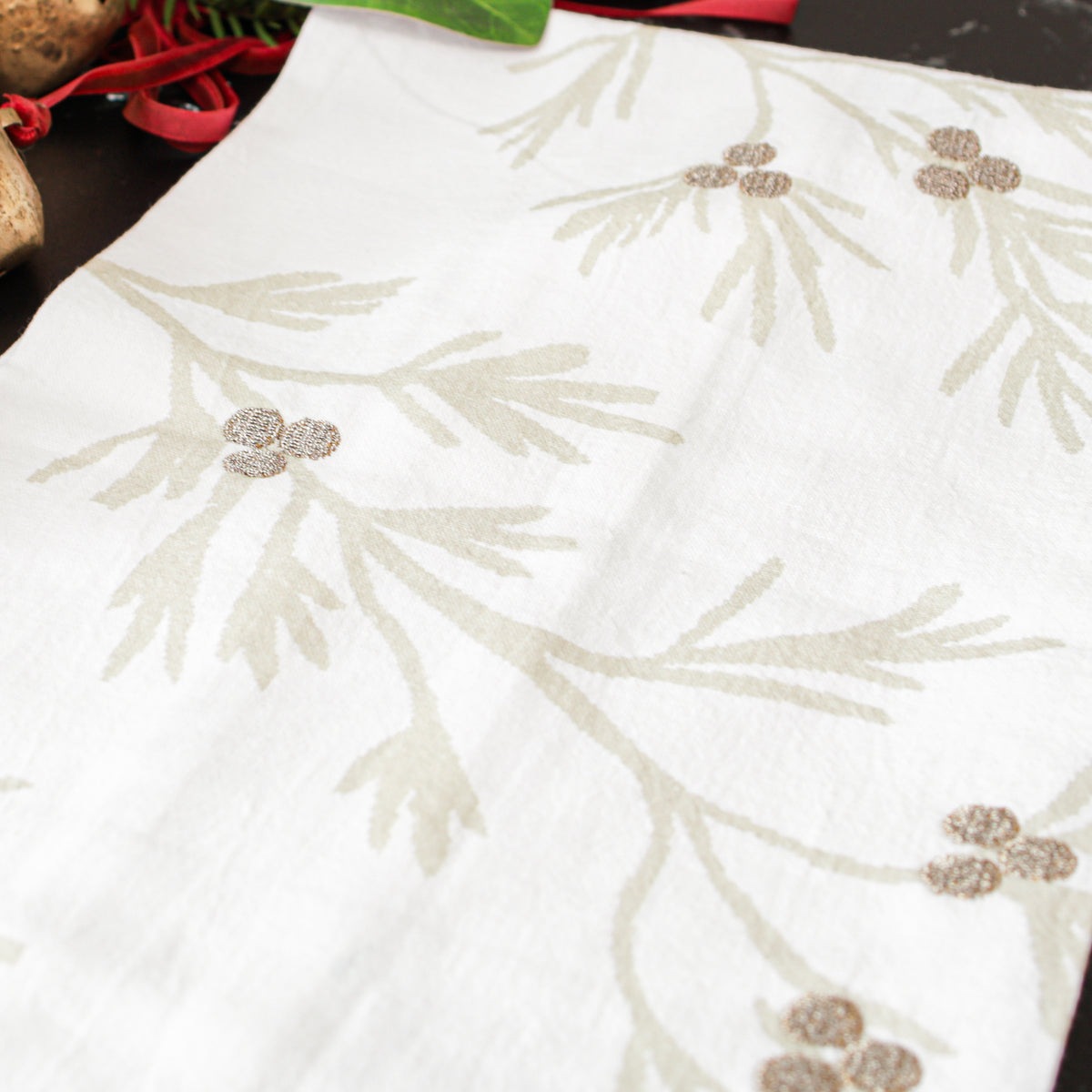 Dish Towel with Bronze Embroidered Berries