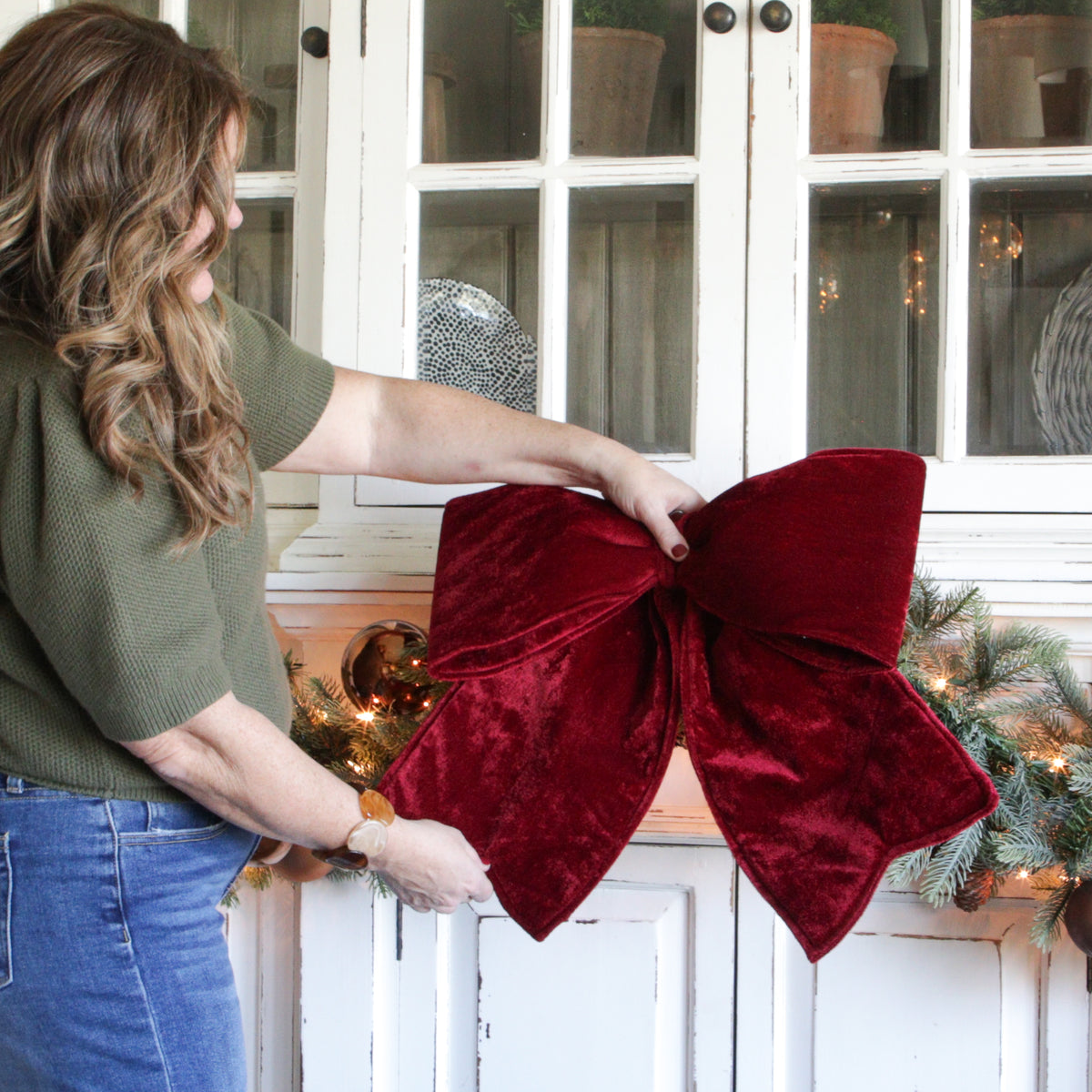 32" Large Cranberry Outdoor Velvet Bow, Set of 2