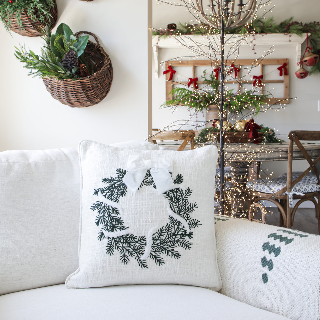 Wreath with Bow Christmas Pillow - Interior Delights