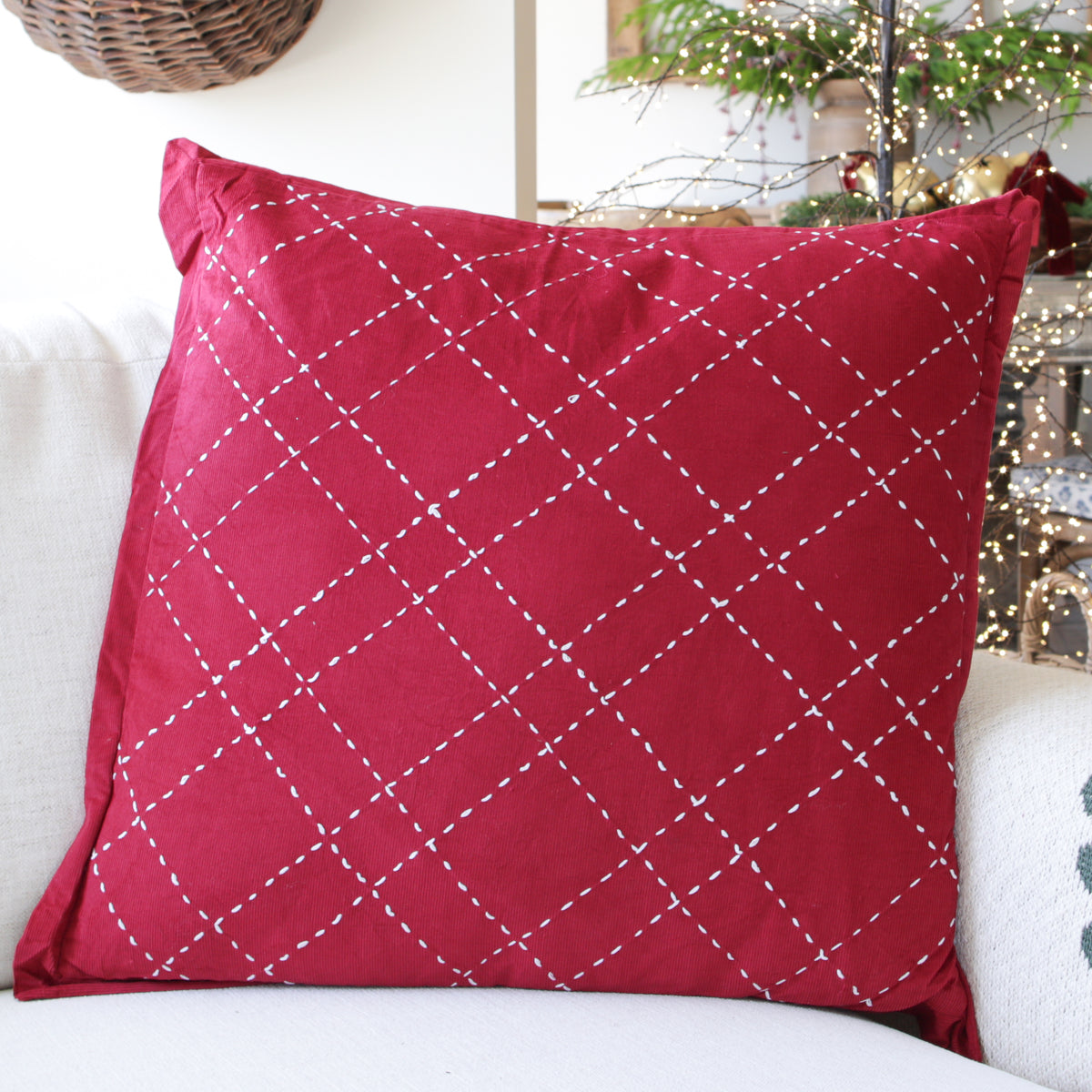 Dark Red Corduroy Pillow with Hand Stitching