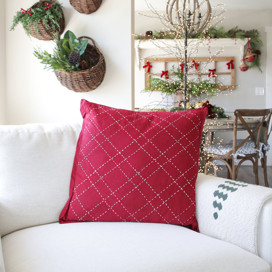 Dark Red Corduroy Pillow with Hand Stitching