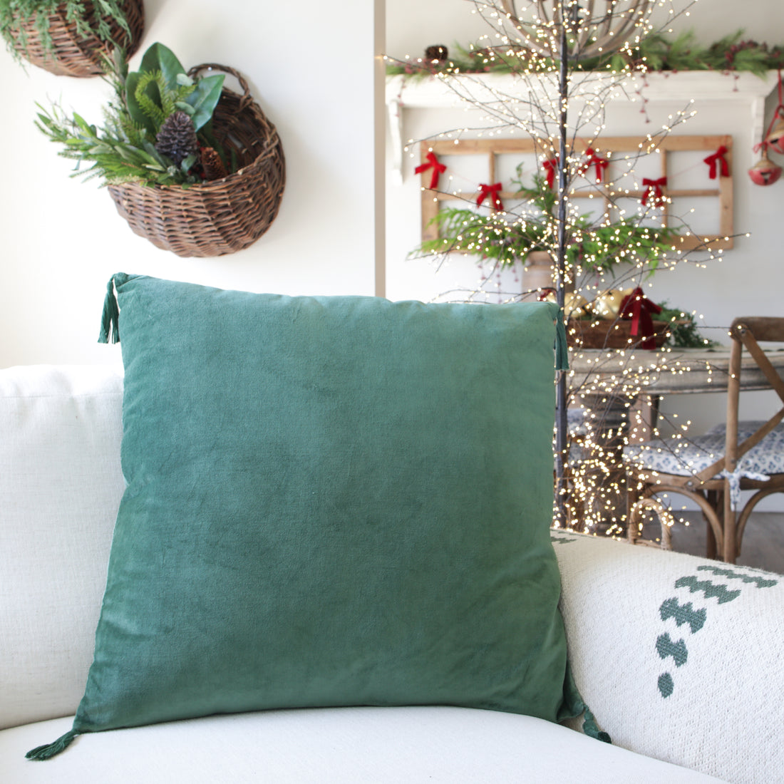 Green Velvet Pillow with Tassels