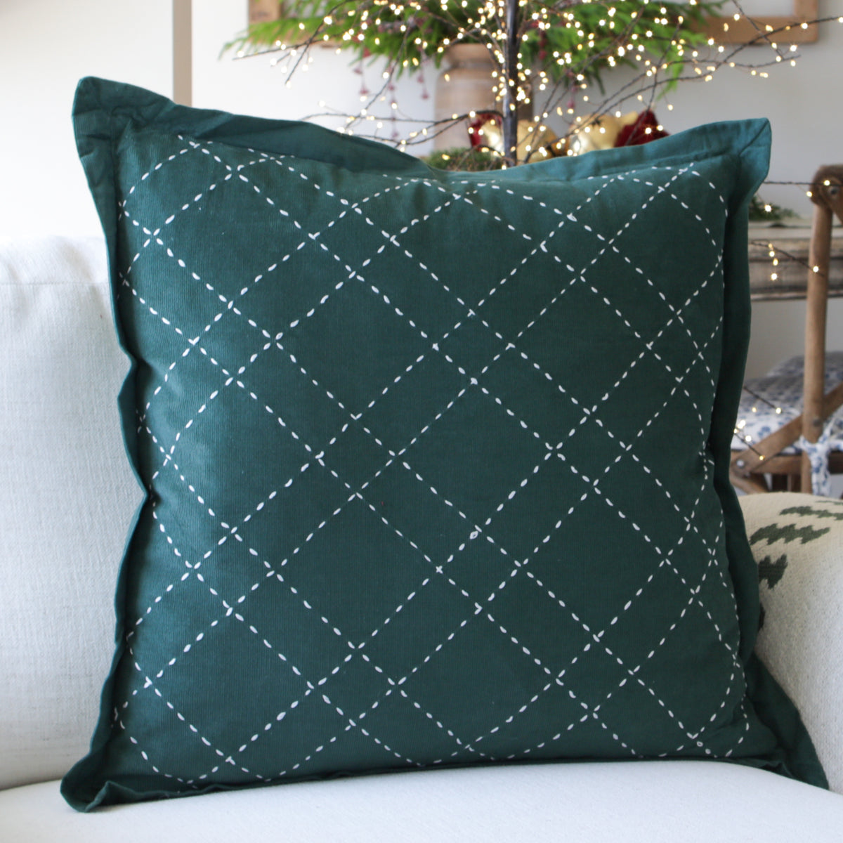 Dark Green Corduroy Pillow with Hand Stitching