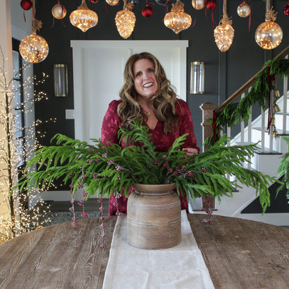 Norfolk Pine Spray &amp; Brown Line Vase Bundle