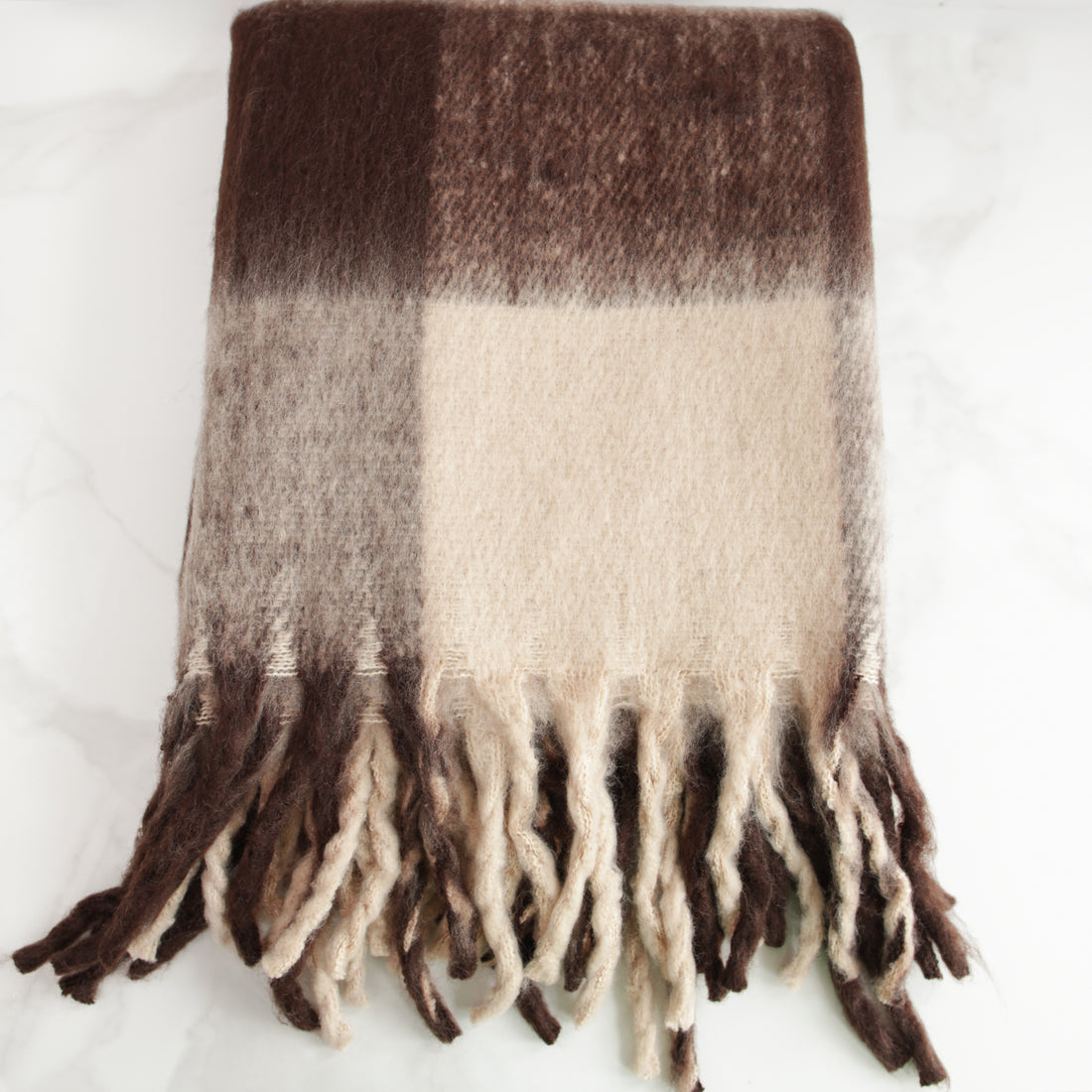 Brown Check Throw with Fringe