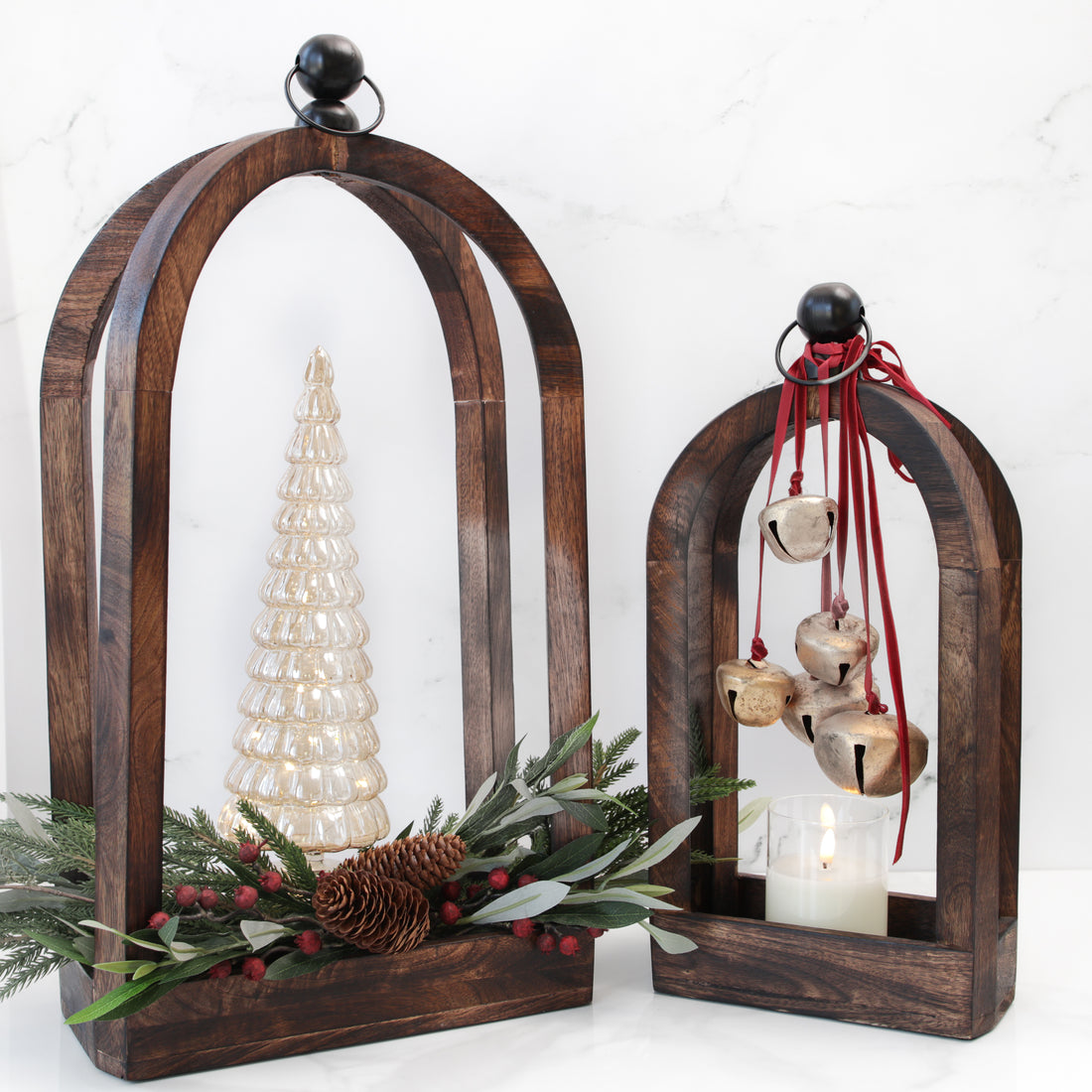 Set of 2 Tall Mango Wood Lanterns