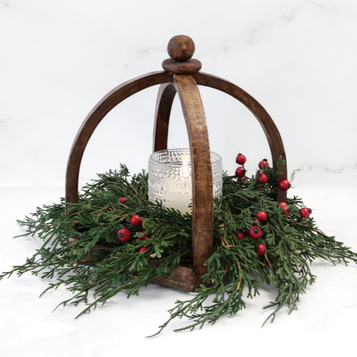 Emerald Cedar Candle Ring with Red Berries