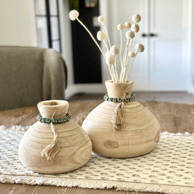 ON SALE: Natural Paulownia Vase with Green Beads- Large or Small