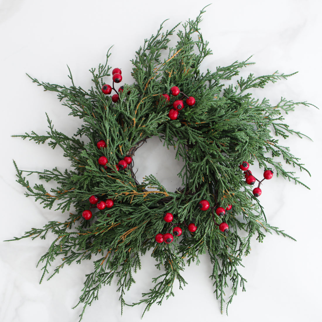 Emerald Cedar Candle Ring with Red Berries