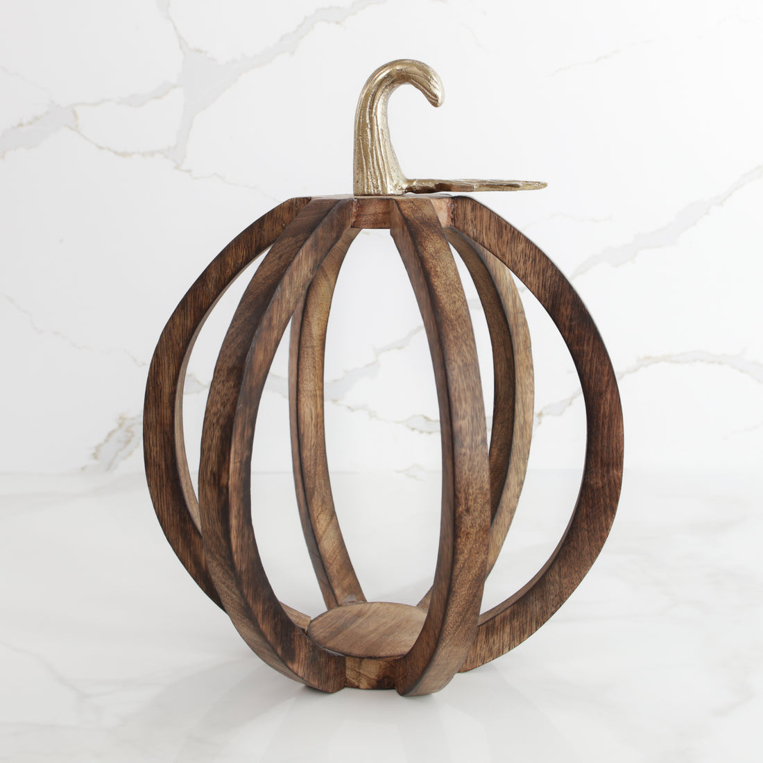 Wood Pumpkin Lantern with Gold Stem