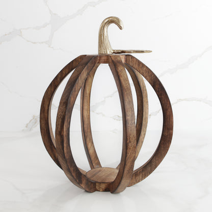 Wood Pumpkin Lantern with Gold Stem