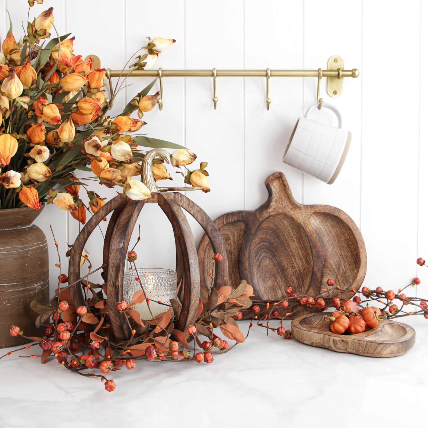 Wood Pumpkin Lantern with Gold Stem