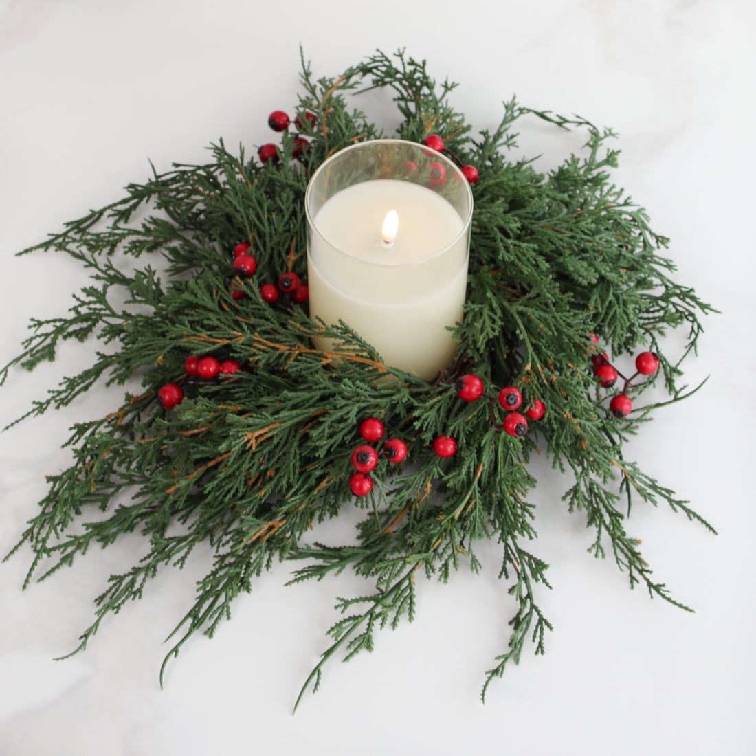 Emerald Cedar Candle Ring with Red Berries