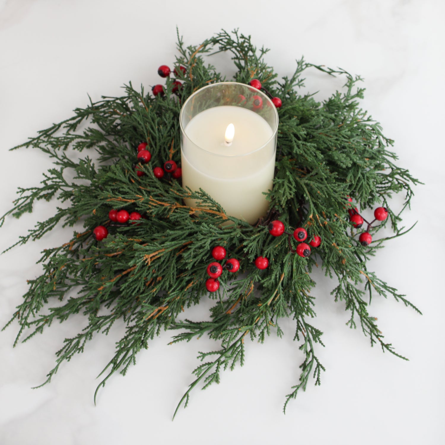 Emerald Cedar Candle Ring with Red Berries