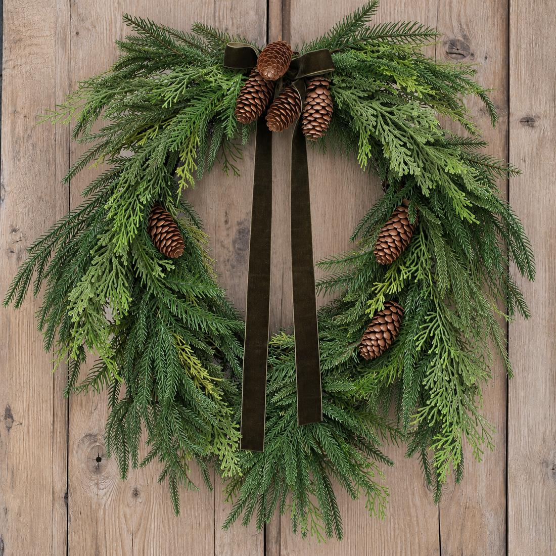 24" Holiday Heart Pine Wreath with Green Ribbon