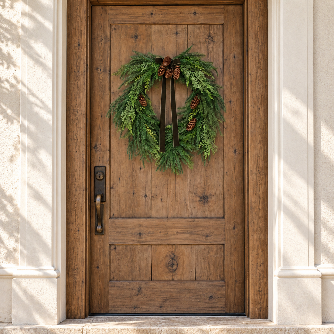 24" Holiday Heart Pine Wreath with Green Ribbon
