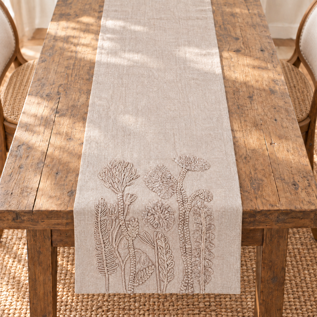 Floral Embroidered Taupe Table Runner