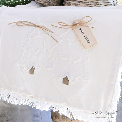White Embroidered Trees Table Runner