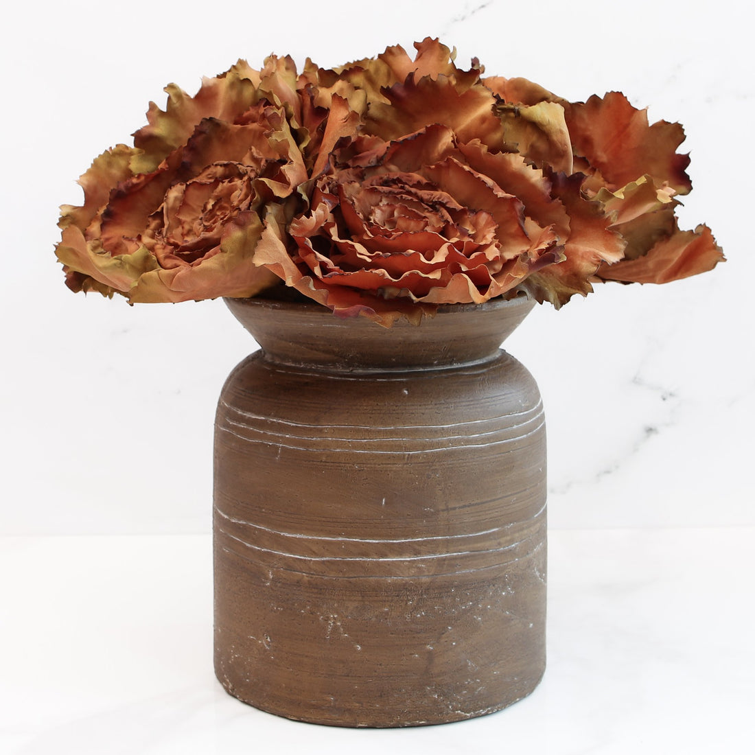 Arrangement:  9&quot; Brown Line Vase + 6 Orange Ornamental Cabbage Picks