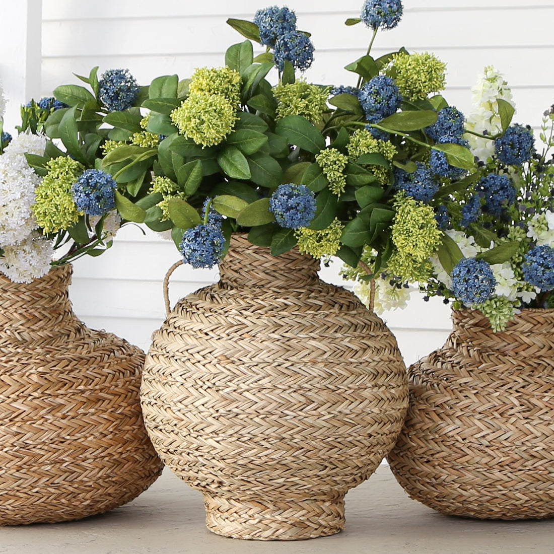 Seagrass Vase Blue &amp; Green Floral Arrangement - Interior Delights