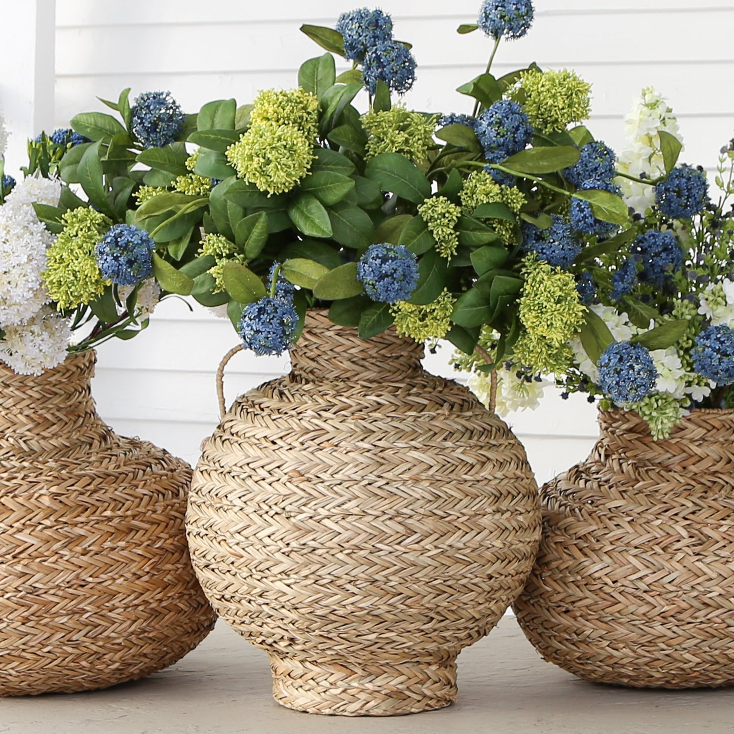 Seagrass Vase Blue &amp; Green Floral Arrangement - Interior Delights