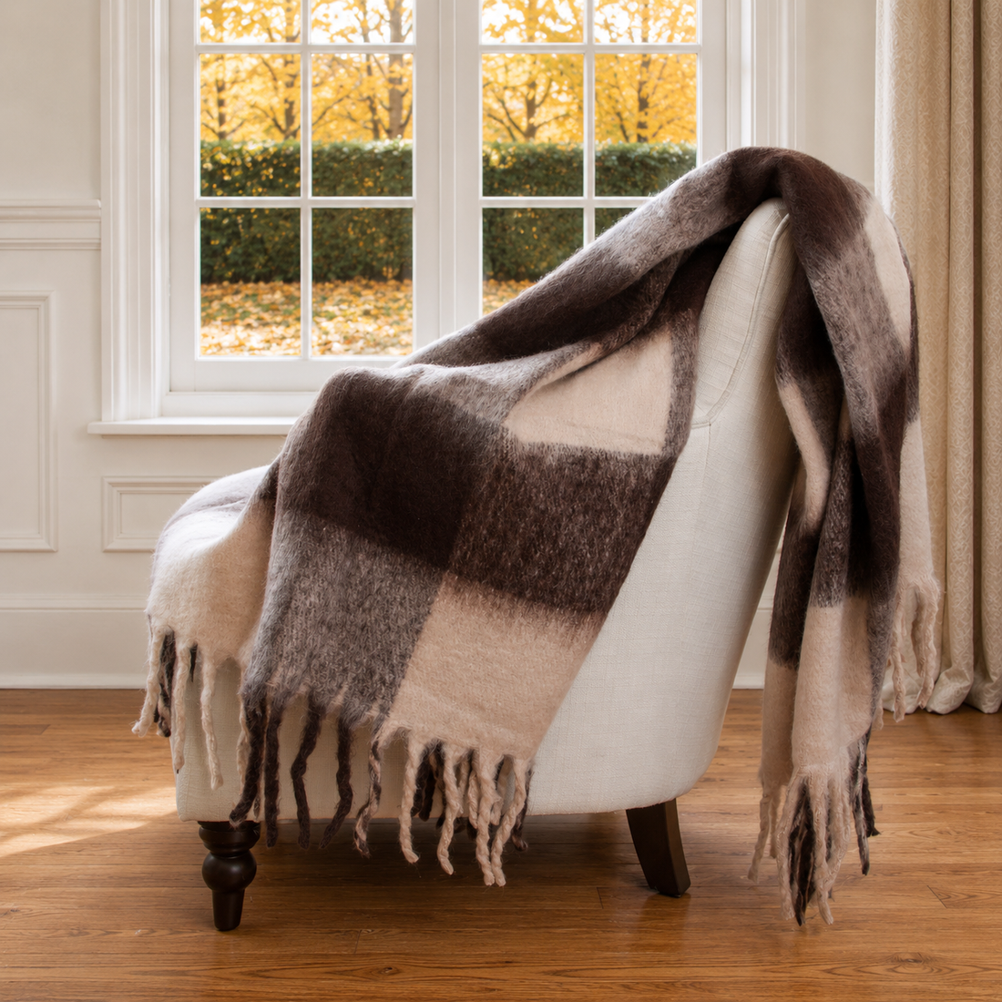 Brown Check Throw with Fringe