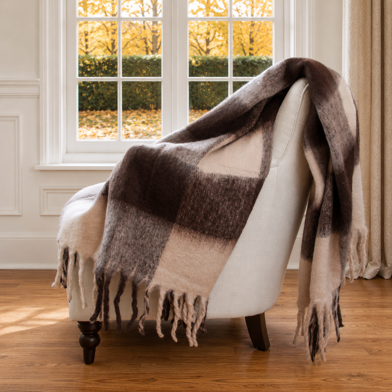 Brown Check Throw with Fringe