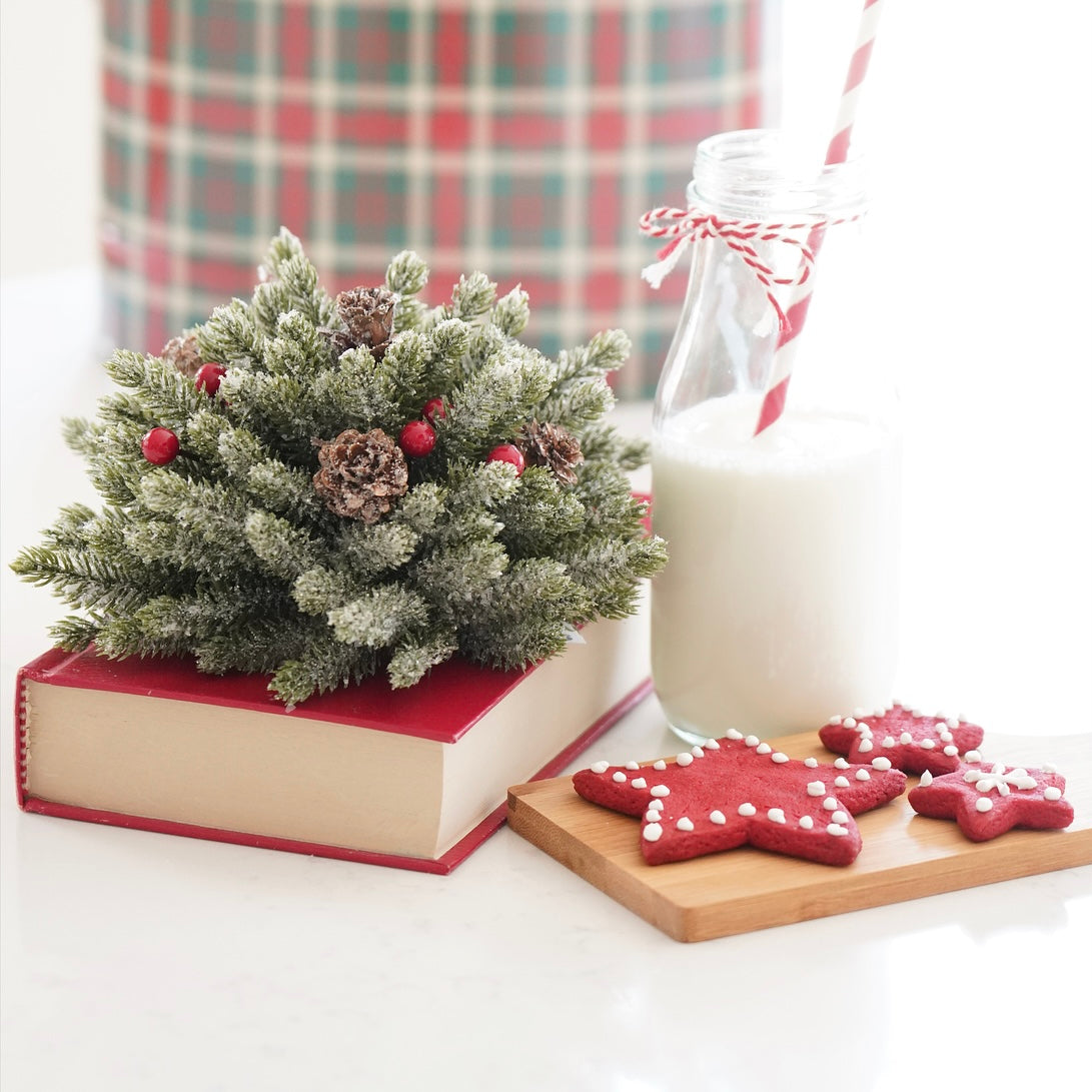 7 inch Icy Pine Pouf with Berries, perfect for accenting candlesticks or decorative arrangements. Adds cozy warmth and texture with natural tones.