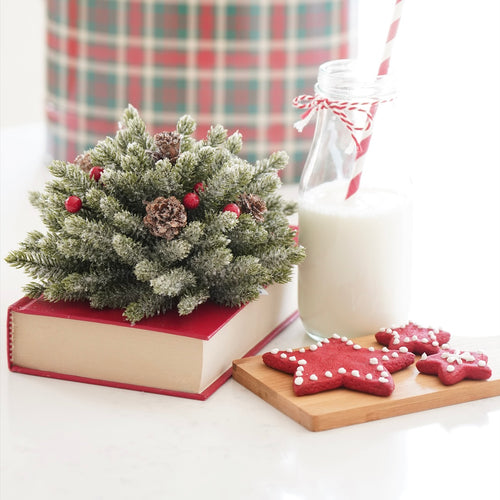 7 inch Icy Pine Pouf with Berries, perfect for accenting candlesticks or decorative arrangements. Adds cozy warmth and texture with natural tones.