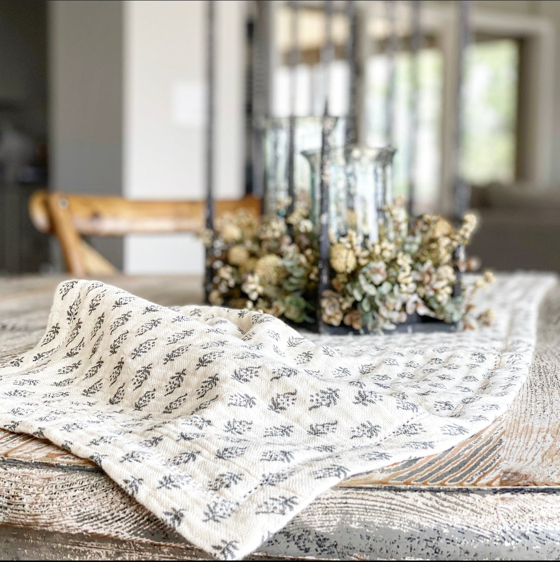 Cotton Table Runner w/ Printed Floral Pattern, Grey & Cream - Interior Delights