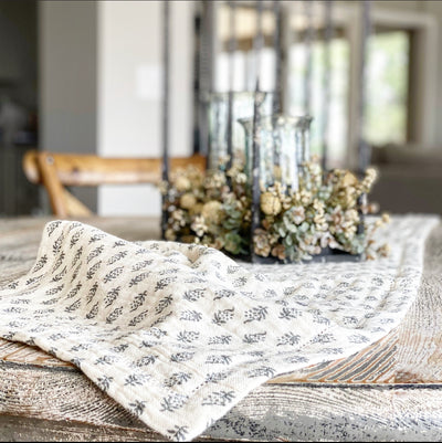 Cotton Table Runner w/ Printed Floral Pattern, Grey & Cream - Interior Delights