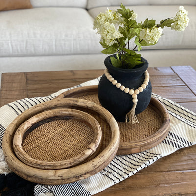 ON SALE: 19.5" Round Rattan and Bamboo Tray- Large