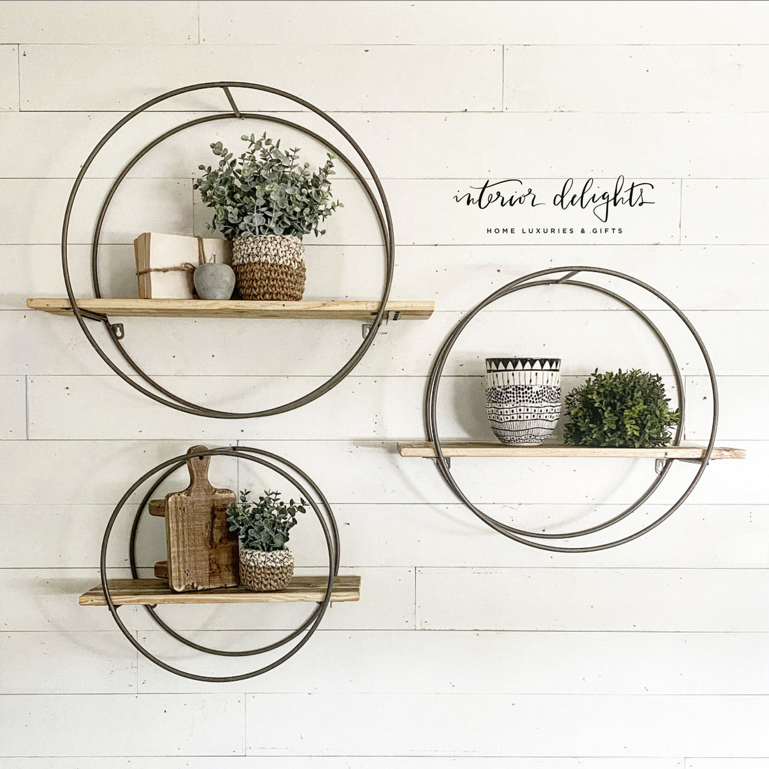 Large Group of 3 Circular Shelves with Reclaimed Wood - Interior Delights Parker