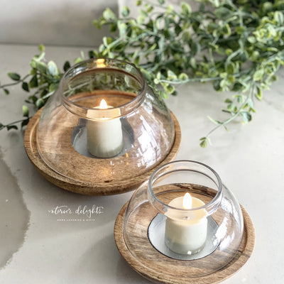 Set of 2 Wood and Glass Candle Holders