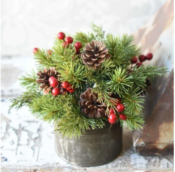 10in Pepper Berry Spruce Pouf featuring festive greenery and red pepper berries, perfect for holiday decor, small vases, and adding seasonal charm to your display.