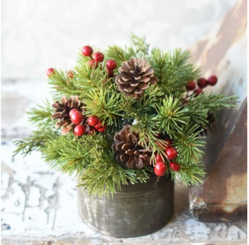 10in Pepper Berry Spruce Pouf featuring festive greenery and red pepper berries, perfect for holiday decor, small vases, and adding seasonal charm to your display.