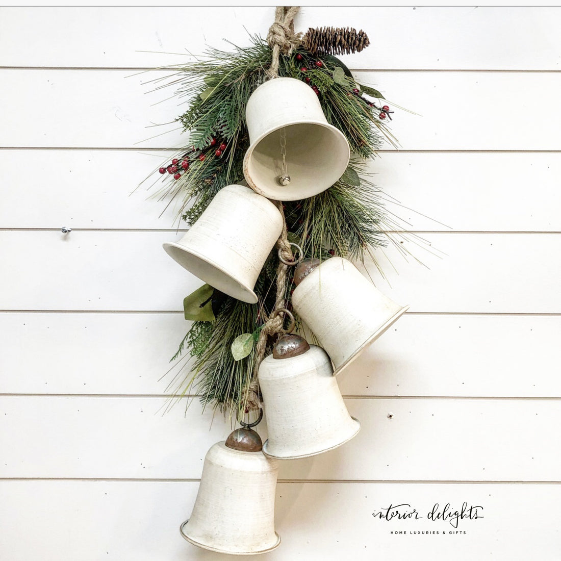 Set of 5 Grandeur Bells displayed together, showcasing their impressive size at 7 inches tall and 5 inches wide, perfect for holiday décor.