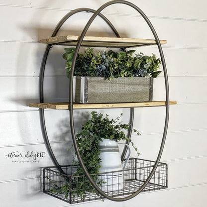 Tall oval metal framed wall unit with recycled wood shelves - Interior Delights